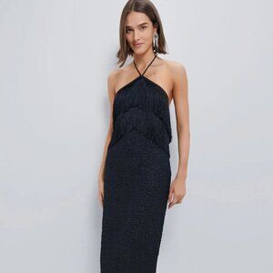 Tuckernuck Hyacinth House Black Fringe Halter Neck Natalia Midi Dress NWT Large